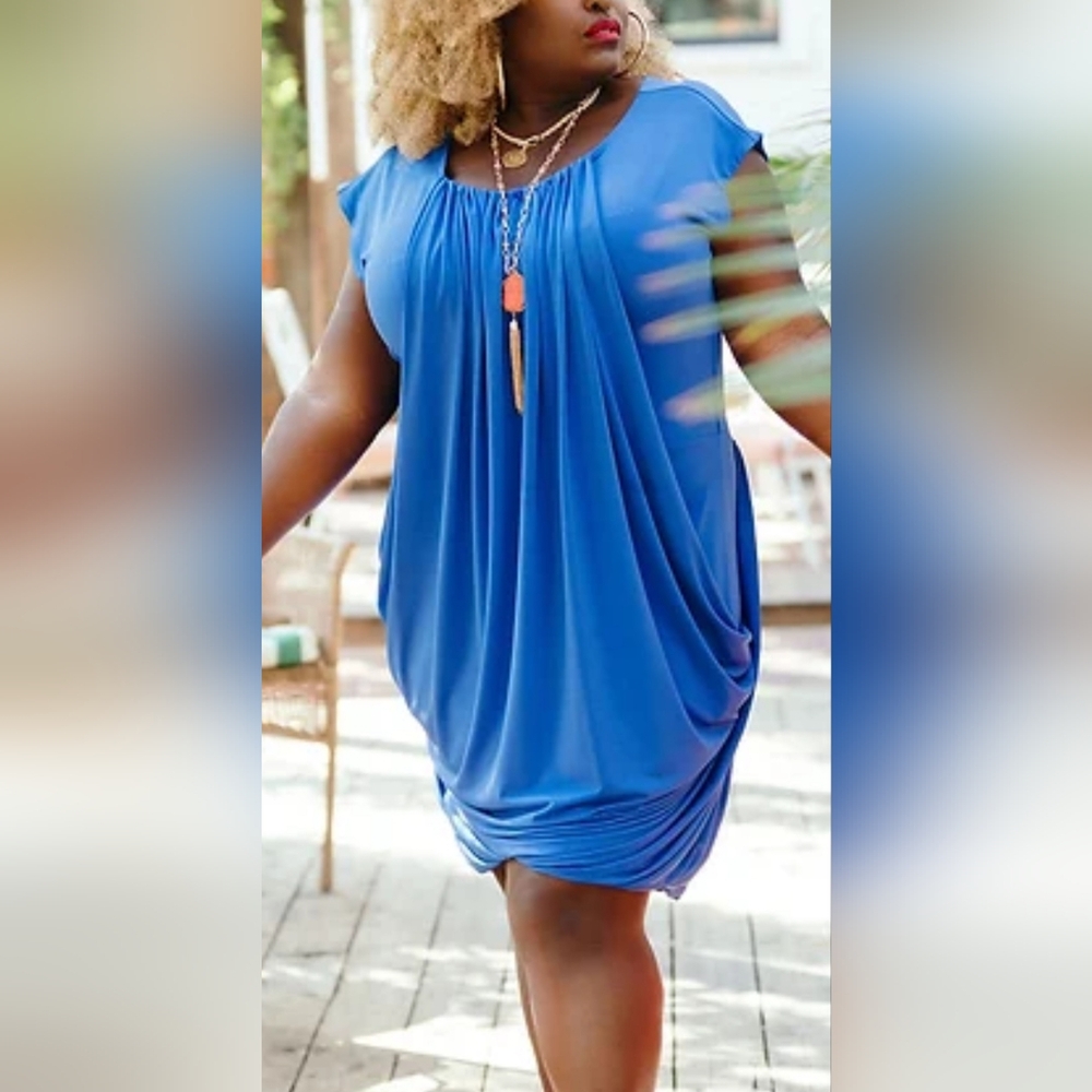 Shavonne Dorsey Bella, drape dress in Royal Blue, cap sleeves, bubble bottom